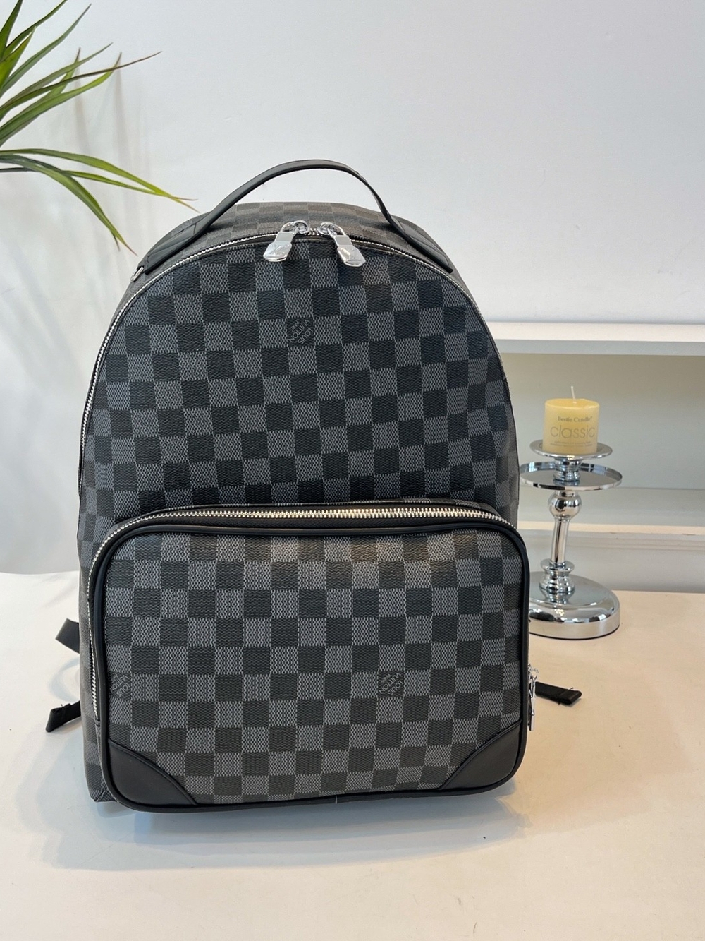 Men's Grey Checkered Designer-Style Backpack
